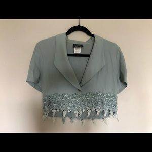 Grey blue button top with lace roses along bottom